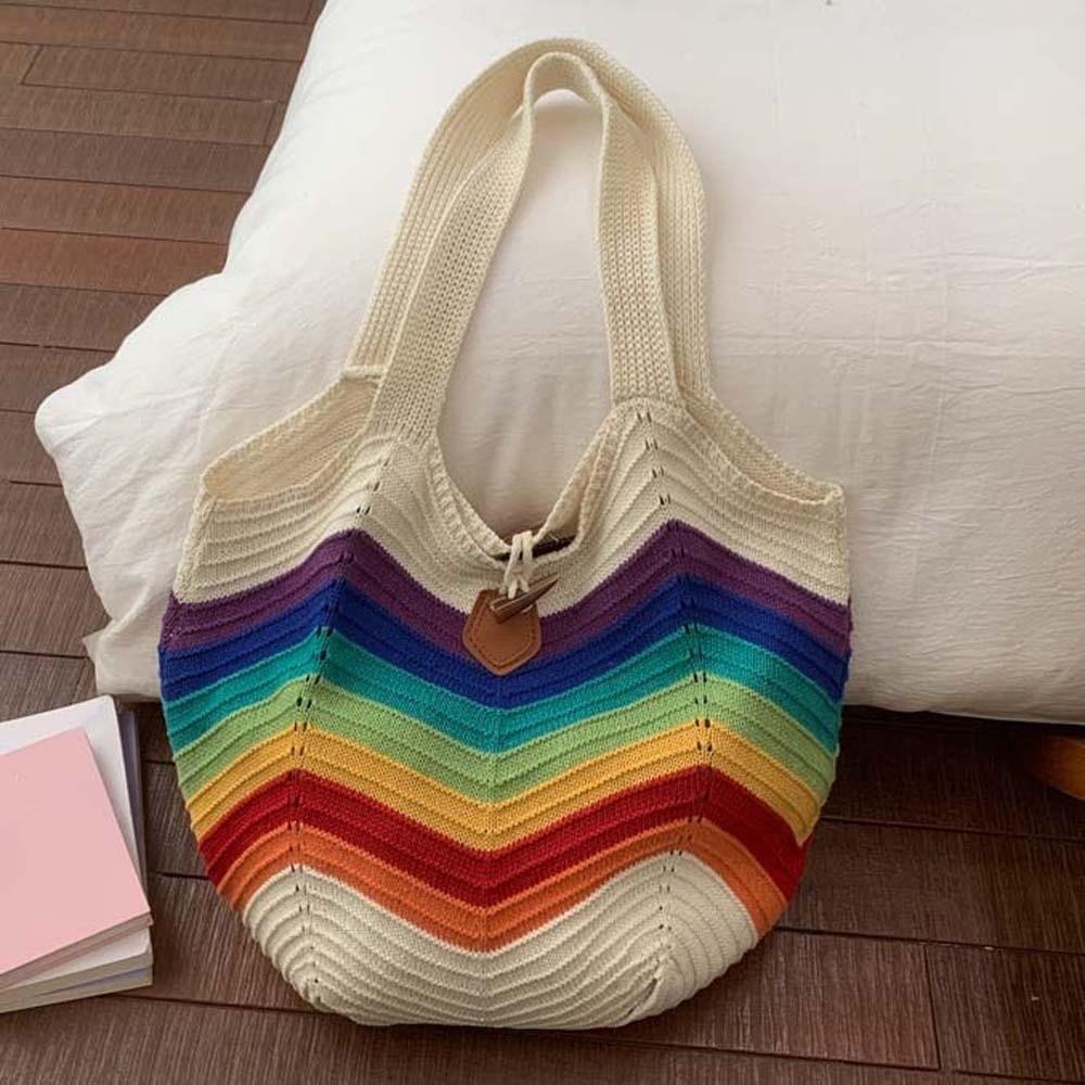 Sweet Knitted Tote Bag Large Capacity Breathable Crochet Shoulder Bag Lightweight Polyester Seaside Vacation Handbag Daily
