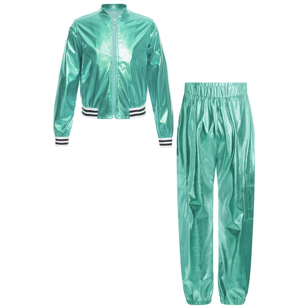 Девочки Металлический Танцевальный Костюм Куртка с Длинным Рукавом Стойка Воротник Детали на Молнии Хип-Хоп Джаз Выступление Брюки