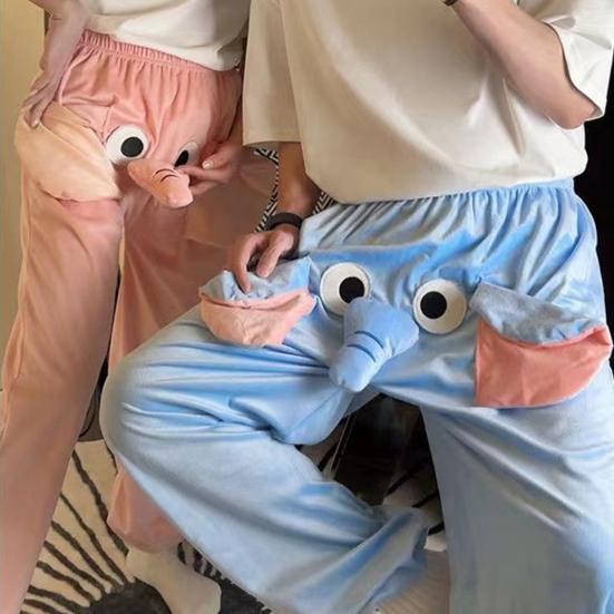 Пижамные штаны с рисунком мультяшного слона, широкие штаны для женщин и мужчин, пижамные штаны со средней посадкой и эластичным поясом