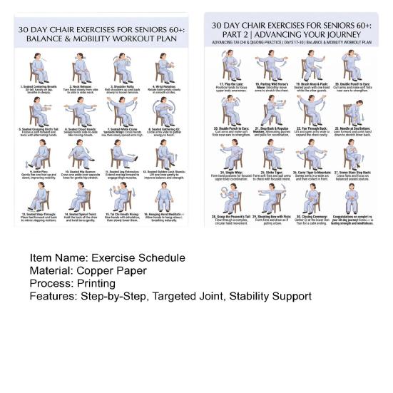 2Pcs Chair Exercise for Seniors 30-Day Plan Poster Seated Tai Chi Workout Chart for Elderly Low Impact Mobility Fitness