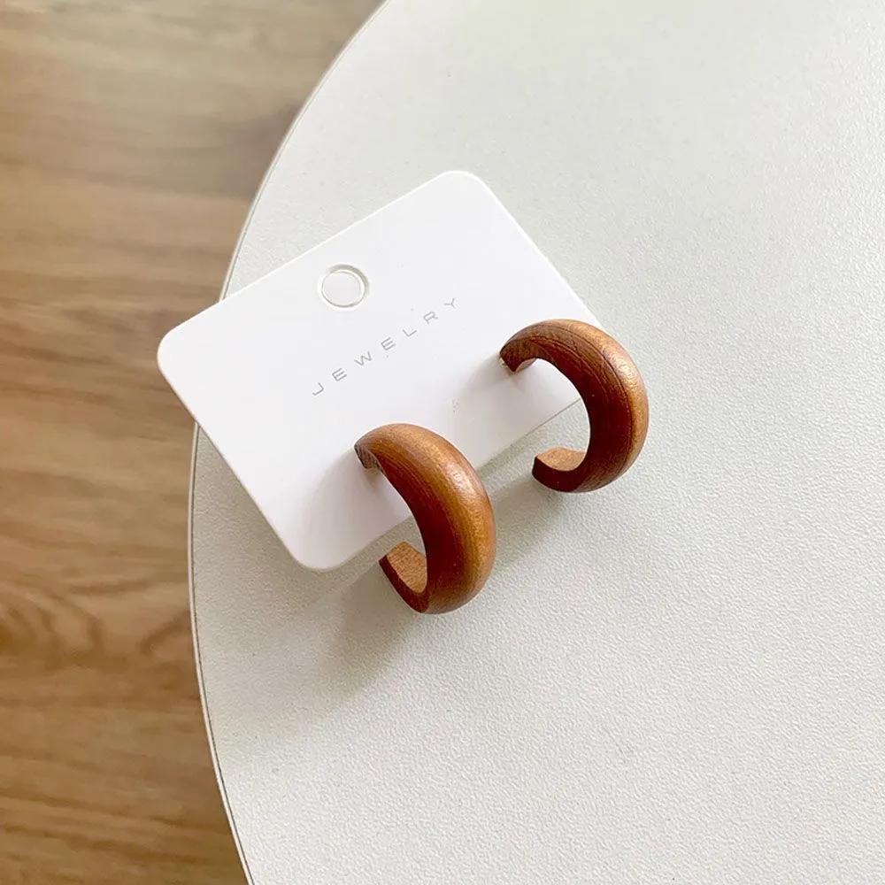 Fashionable C-shaped Wooden Earrings Retro Geometric Half-circle  Design Studs