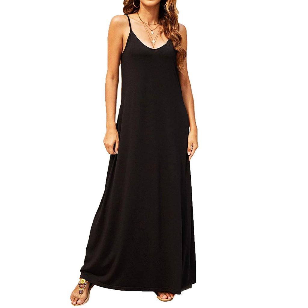 Women's Sleeveless Loose Plain Maxi Dresses Casual Cami Long Dress With Pockets
