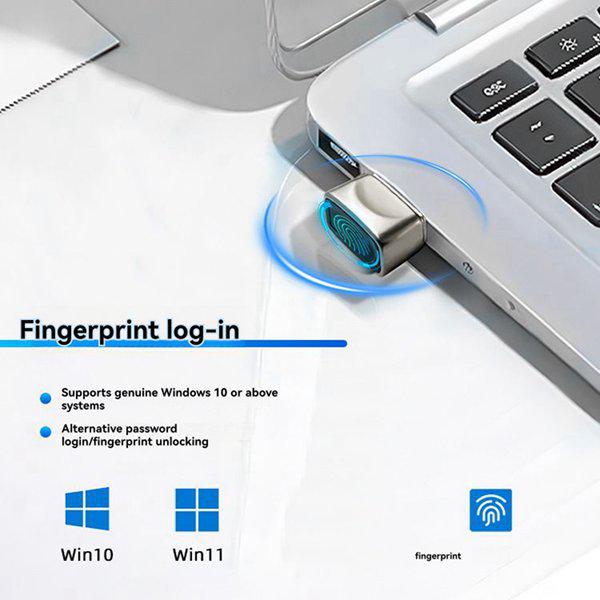 Silver Aluminum Alloy USB Fingerprint Login Device - Driver-Free, Plug and Play.