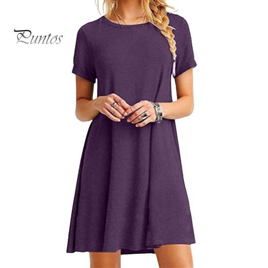 Летнее мини-платье с короткими рукавами, А-силуэтом, круглым вырезом, однотонное, длиной выше колена, простое короткое платье для свиданий, пляжное вечернее платье