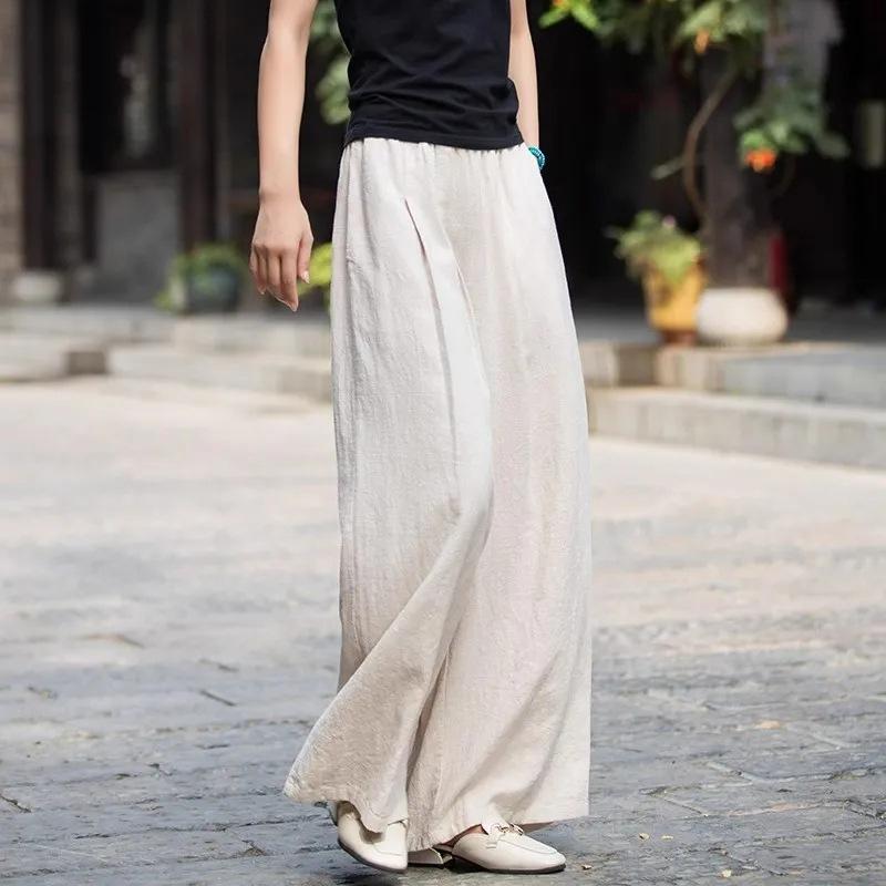 Женские брюки wide leg из хлопка и льна, женские длинные брюки, весна и лето, женские, с высокой талией, прямые, однотонные, свободные и тонкие, повседневные брюки, женские