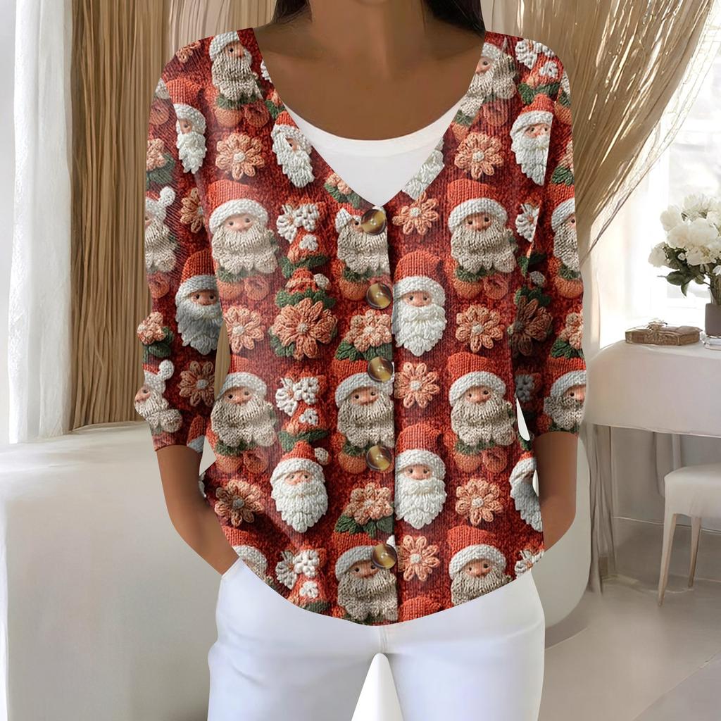 Women's Fashion Long Sleeve Christmas Snowman Snowflake Print Jacket Cardigan
