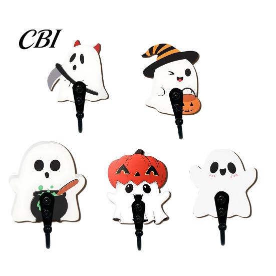 Adhesive Wall Hanger for Masks Halloween Themed Hook, Decorative Ghost Pattern Key Hanger, Self Hooks Keys Backing Wood Base Hook Bathroom Entryway