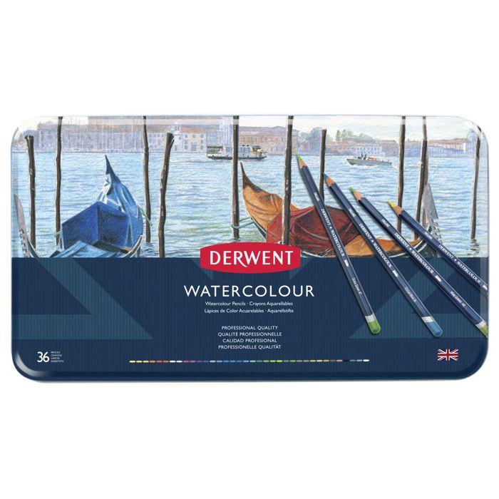 Crayons aquarellables - Derwent - Watercolour - Boite métal 36 crayons - Couleurs assorties - Mixte