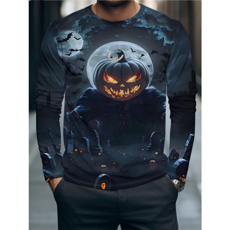Men Long Sleeve T‑Shirt Halloween Pumpkin Scarecrow Graveyard Bat Moon Print Crew Neck Horror Holiday Tops