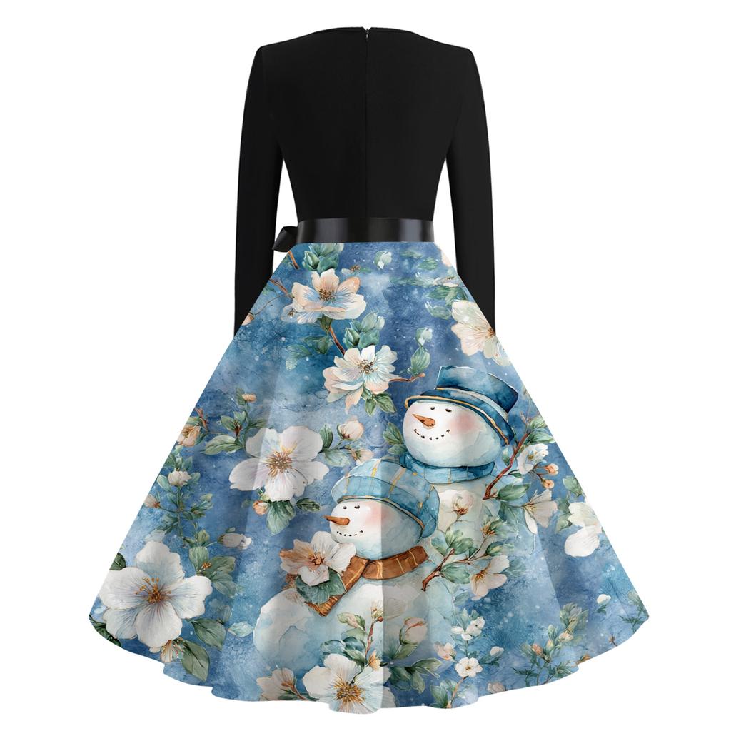 Women's Casual Fashion V-neck Long Sleeved Retro Christmas Print Retro Dress