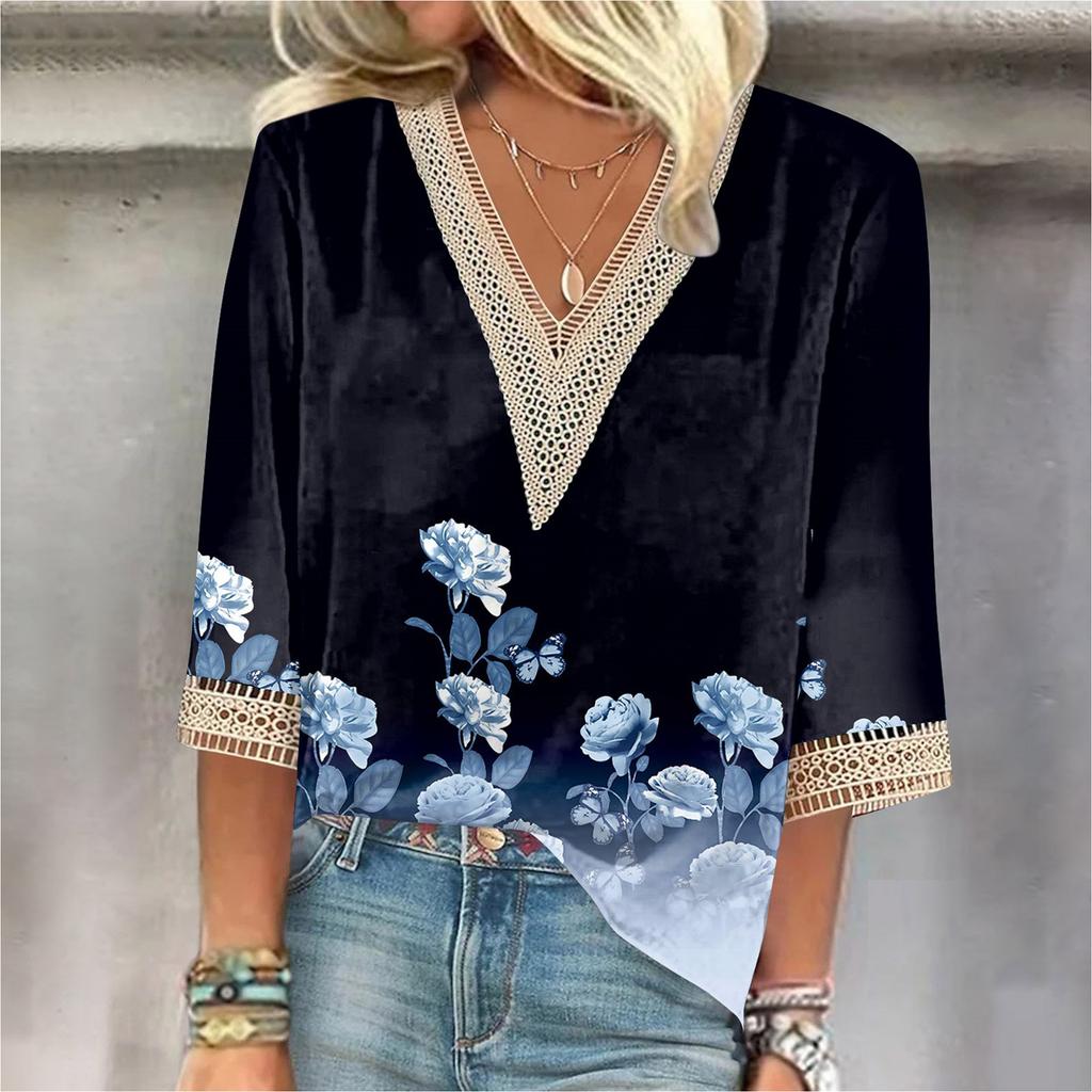 Women's Shirt Blouse Casual Loose Shirts 3/4 Sleeve Lace Trims Print V Neck Tops Print Tops T-shirts Tee