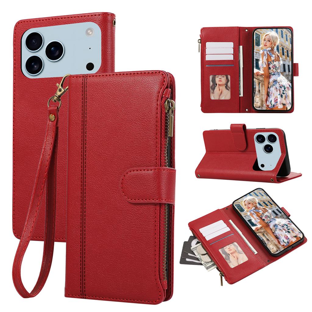 For iPhone 17 Pro Max Case Multi Card Slots Zipper Leather Phone Cover with Wrist Strap