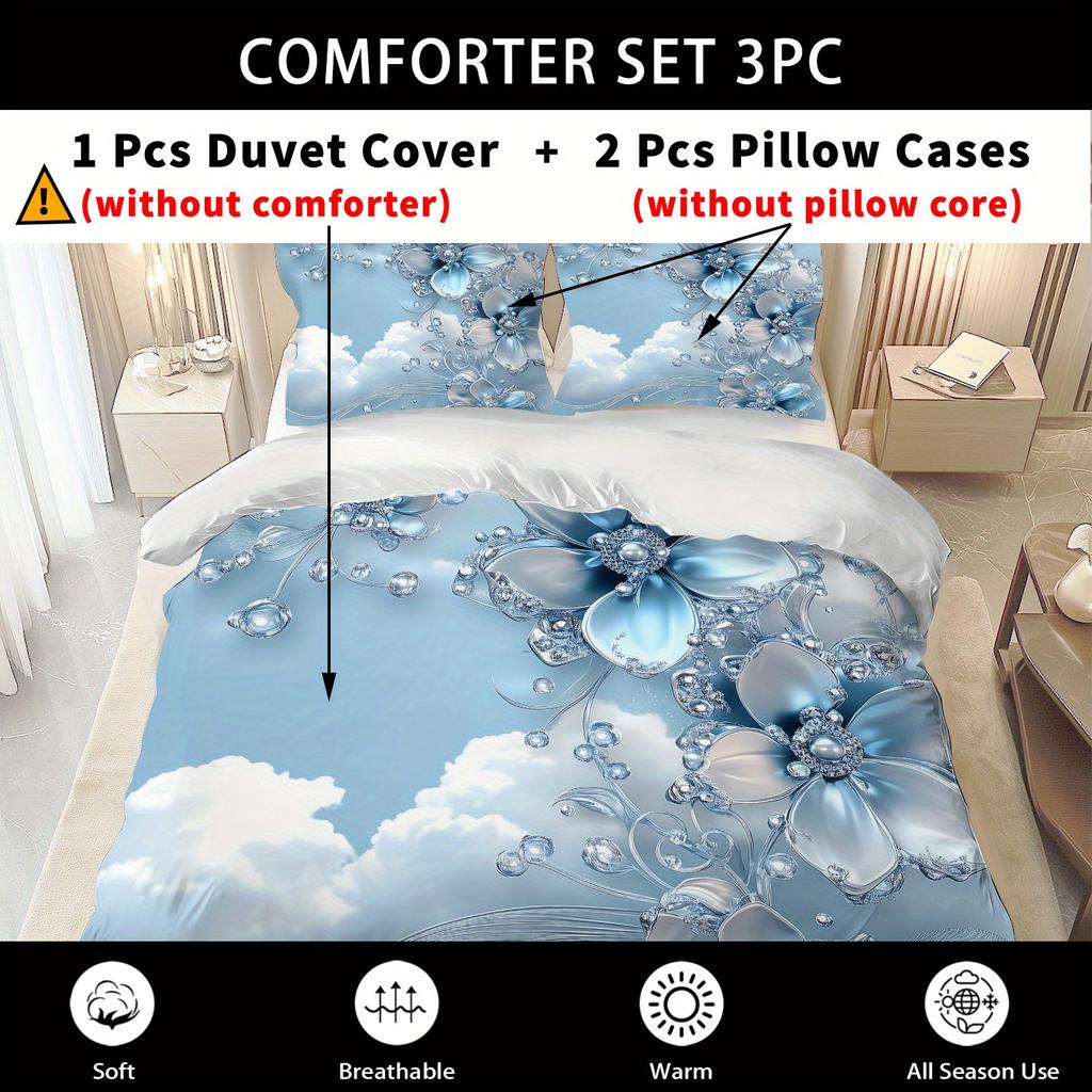 Latacaca 2/3Pcs Blue Crystal Cloud Floral Duvet Cover Set Wrinkle Fade Resistant Machine Washable Bedding with Pillowcases