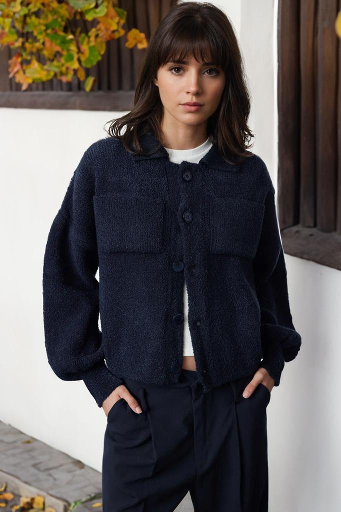 Women's Fashionable Stylish Cardigan Navy Blue Soft Textured Coat Look Knitwear Cardigan