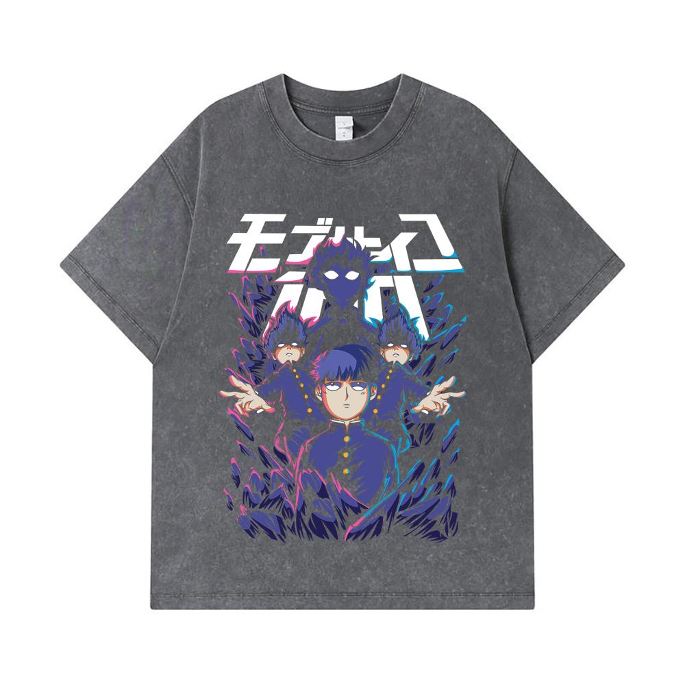 275 GSM Washed T-shirts 100% Cotton Mob Psycho 100 V1 Shiego Print Unisex Heavy Cotton T Shirt