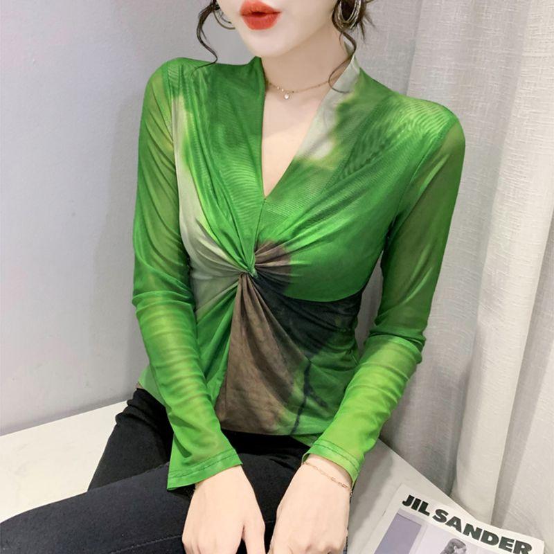Women's Sexy V-neck T-shirt Long-sleeved Spring Fashion Tie-dyed Mesh Top Breathable Slim Bottom Shirt