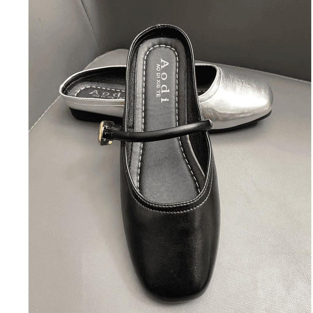 Туфли Мэри Джейн Doudou на низком ходу Детские 2025 Лето и Осень Новые Плоская подошва Квадратный носок Серебристые Французские Баотоу Драг