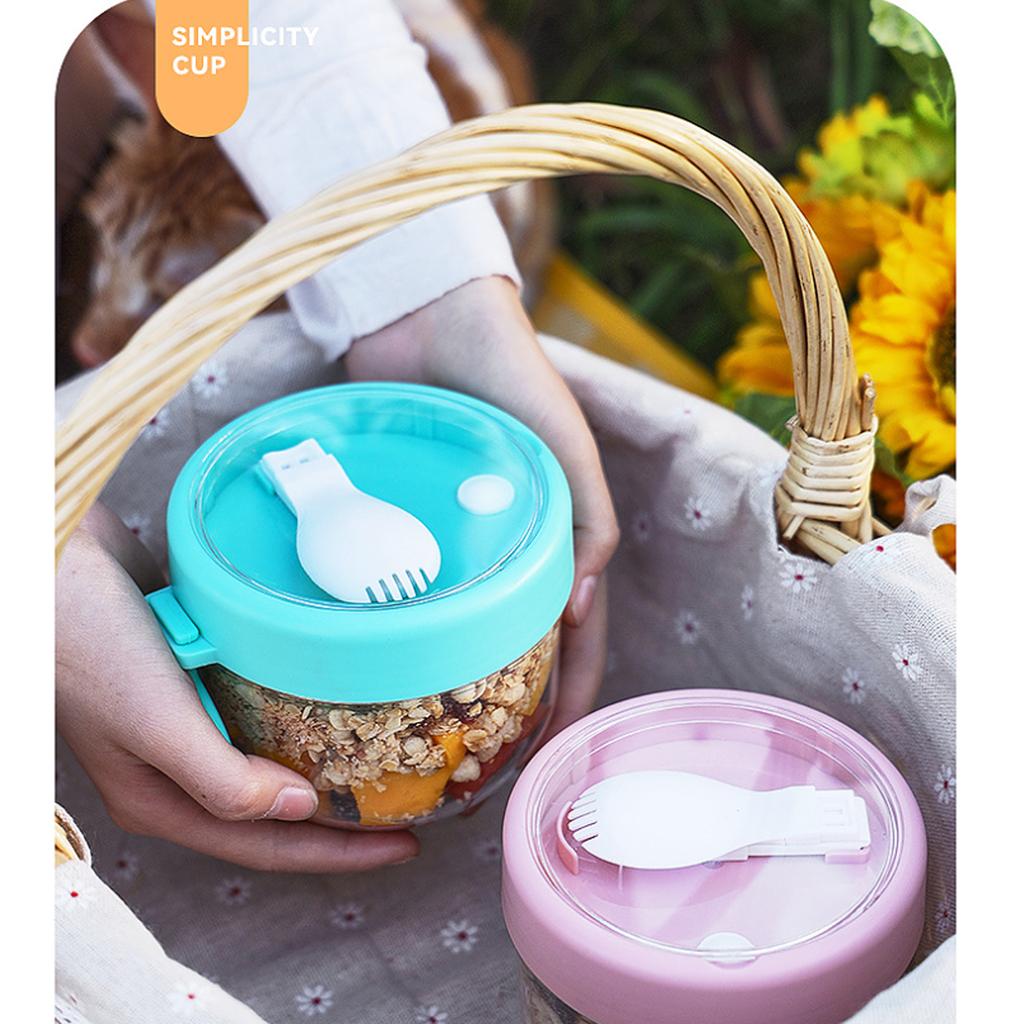 600ml Portable Breakfast Cup Multifunction Transparent Overnight Oat Food Container with Lid and Spoon for Cereal Milk or Yogurt