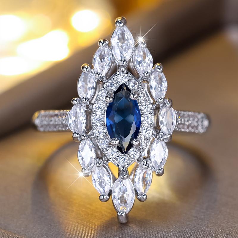 Роскошные обручальные кольца с белым и синим цирконием огранки «маркиза» для женщин, серебряное обручальное кольцо, ювелирное изделие в подарок