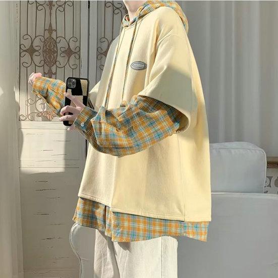 Мужская весенняя рубашка, дышащая искусственная двухсекционная свободная пуловер с длинными рукавами, теплая мужская осенняя рубашка с капюшоном и шнурком средней длины, мужская одежда