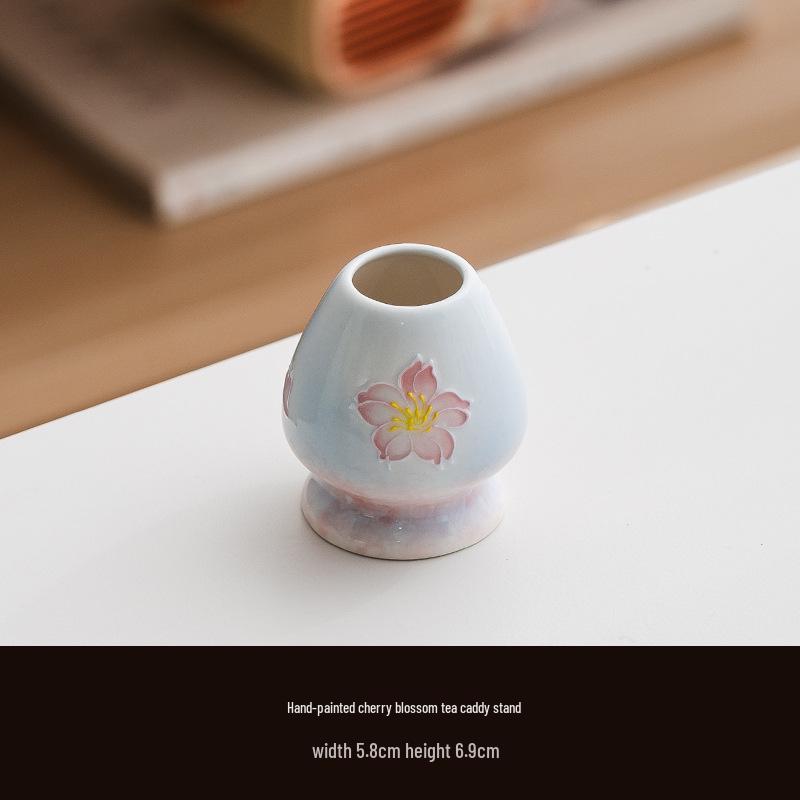Handmade Japanese Cherry Blossom Matcha Bowl with Whisking Tool, Imitation Song Dynasty Tea Stirrer, and Hyakuhon-date Chasen Stand