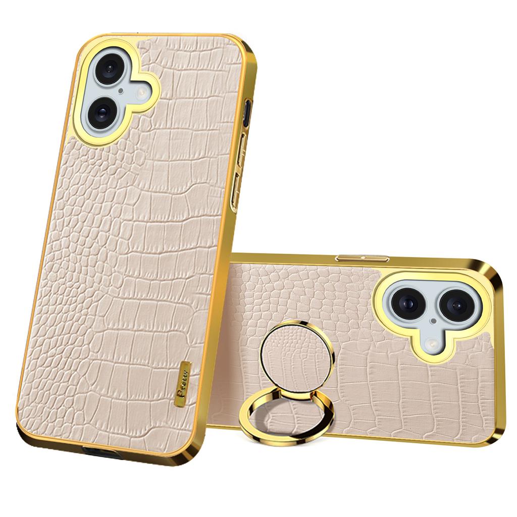 For iPhone 16 Case Crocodile Texture Leather+TPU Electroplating Phone Cover with Ring Kickstand - Black