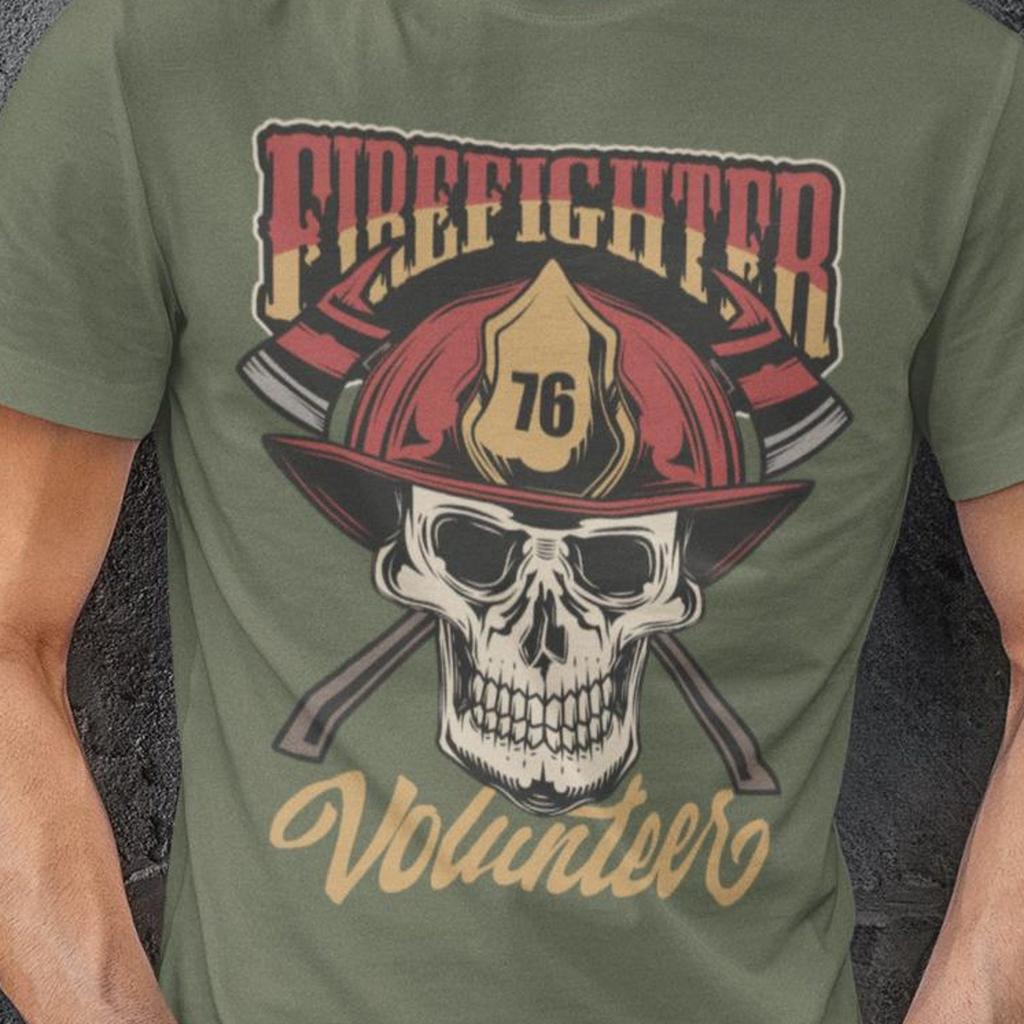 Firefighter Volunteer T-Shirt Skull Helmet Tee | Firefighter Gift Shirt | Fire Dept Pride Tee | Fireman Graphic Shirt | First Responder Tee
