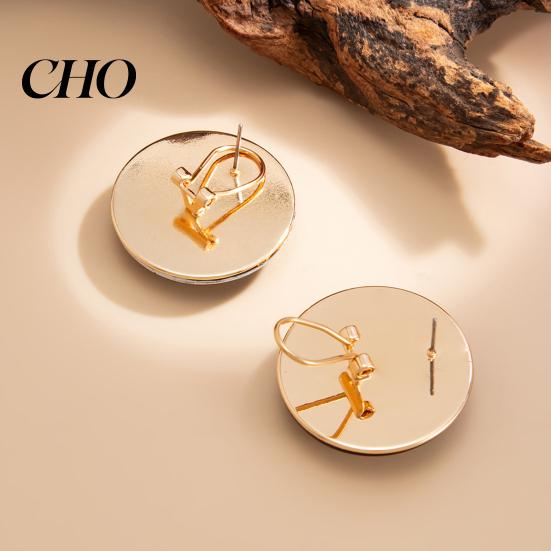 Large Round Earrings 1 Pair Stud for Women, Amber Resin with Natural Color Matte Metal Edges, Exaggerated Geometric Daily Wear Party Jewelry