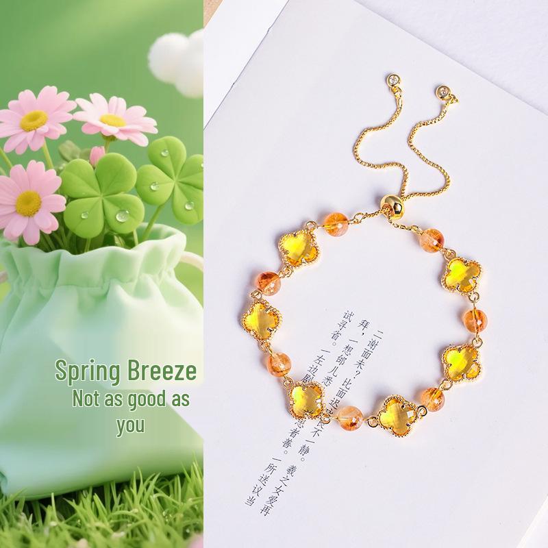 Браслет женский 'Счастливый клевер' с аметистом и розовым кварцем - Четырехлистный клевер Легкая роскошь Модная бижутерия.