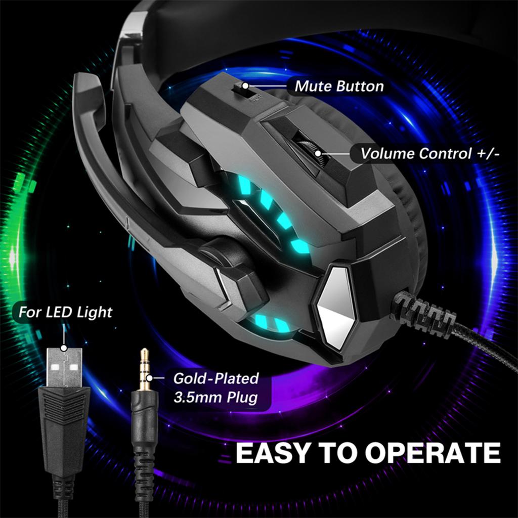 3.5mm Gaming Headphone, Over Ear Game Headset, Noise Cancellation Earphone with Mic, LED Light, Volume Control for Laptop, Tablet, Mobile Phones, Desk