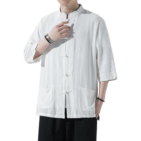 Мужская рубашка в китайском стиле, свободная рубашка в стиле ретро на пуговицах с карманами, хлопковая льняная дышащая летняя рубашка для уличных вечеринок и путешествий