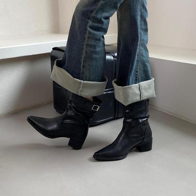 Осень 2025 новые ботильоны на толстом каблуке с квадратным носком, ретро ботильоны на среднем каблуке, модные ботильоны с ремешком и пряжкой, темпераментные ботинки-мартин средней длины
