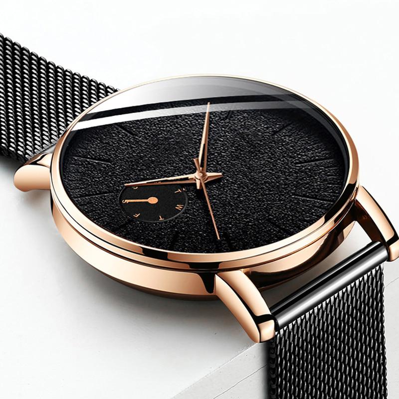Модные мужские минималистичные часы, ультратонкие мужские деловые черные сетчатые часы из нержавеющей стали, кварцевые наручные часы, relogio masculino
