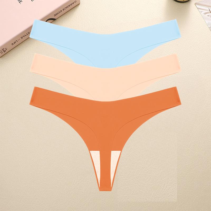 3PCS Seamless Thong Women Ice Silk T-back Intimate Solid Breathable Crotch Briefs Sexy Tanga Multiple 10 Color Lingerie