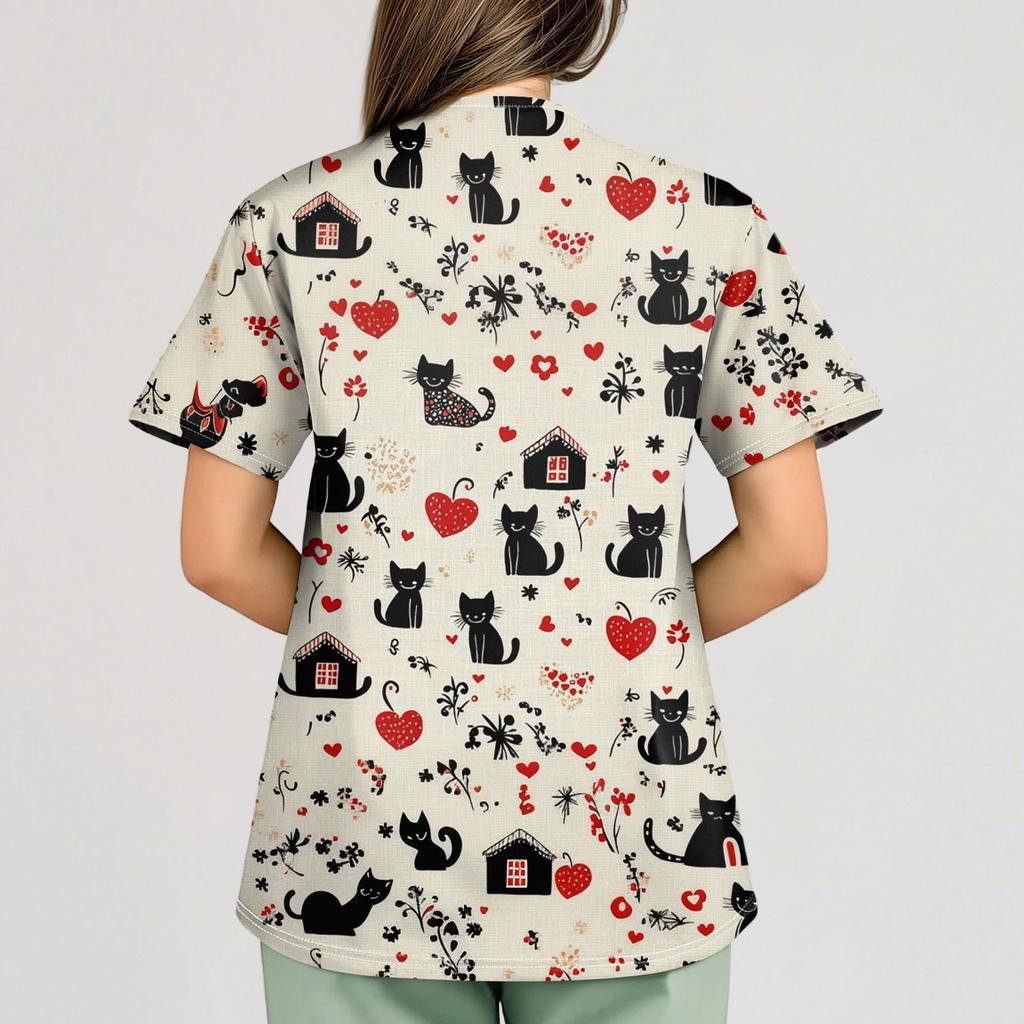 Women's Animal Print Loose V-Neck Pocket Short Sleeve  Uniform  Uniform