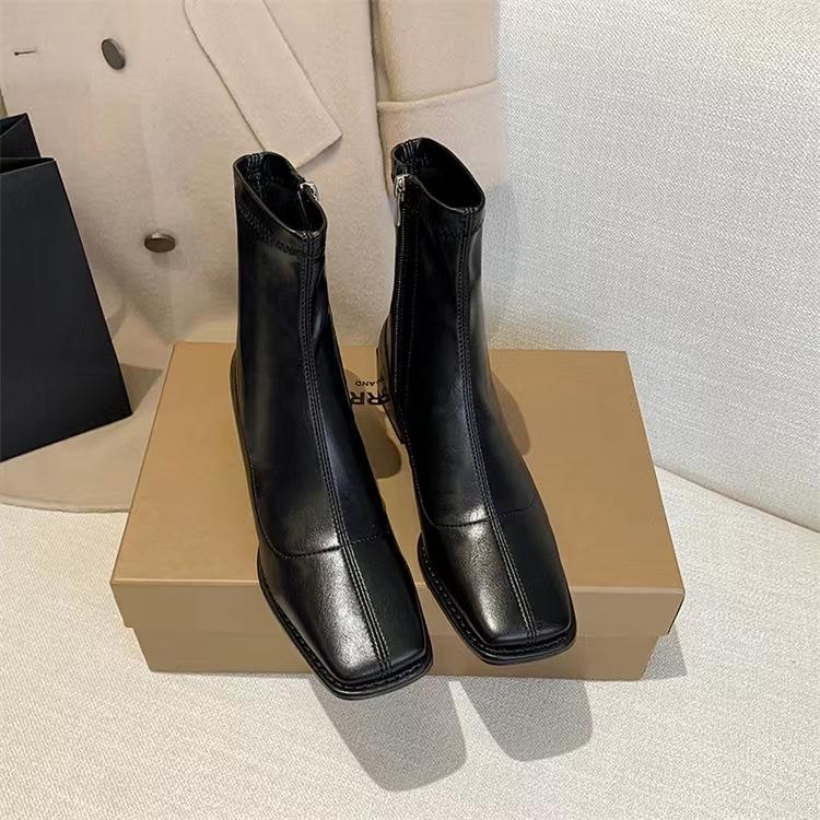 Square Heel Elastic Short Boots Women'S Thick Heel Single Boots Skinny Boots Fashion Brown Martin Boots