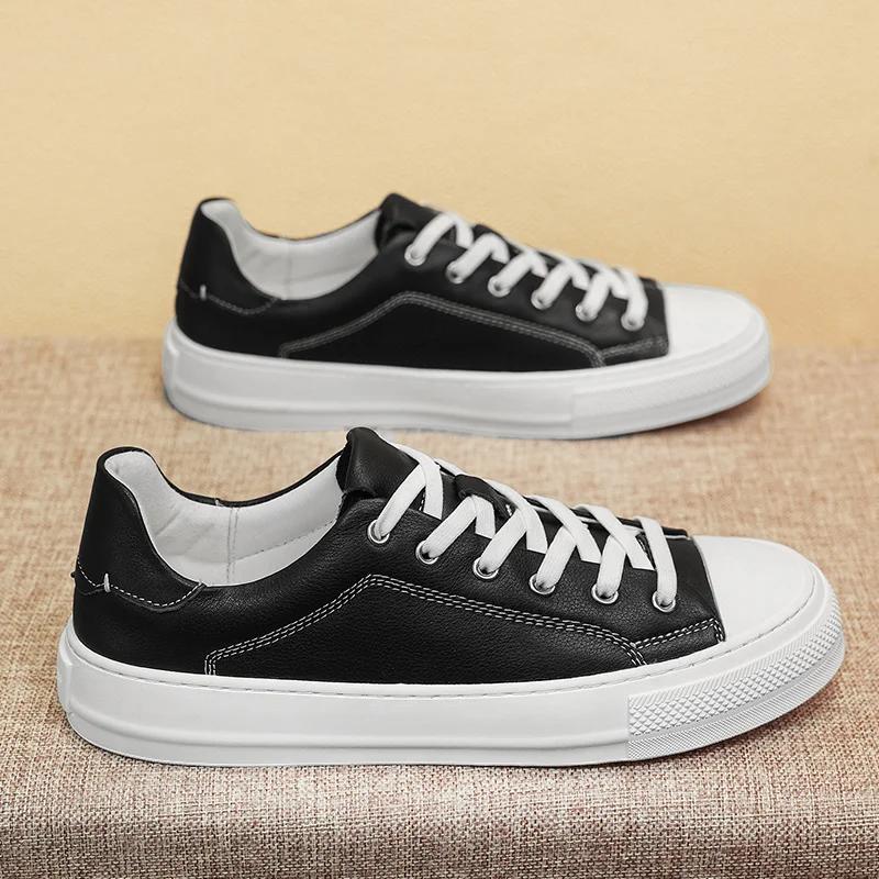 Fashion Luxury Brand Men Flat Genuine Leather Vulcanized Shoes Casual Versatile Walking Thick Sole Antiskid Lace-Up Muller Shoes 2024New