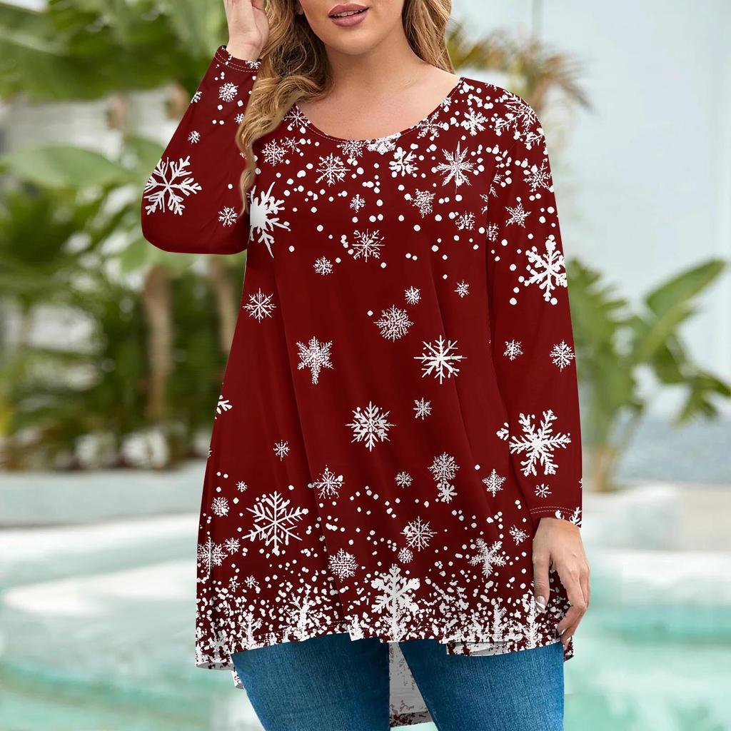 Женская мода большого размера с круглым вырезом и длинным рукавом, повседневный свободный пуловер с рождественским принтом