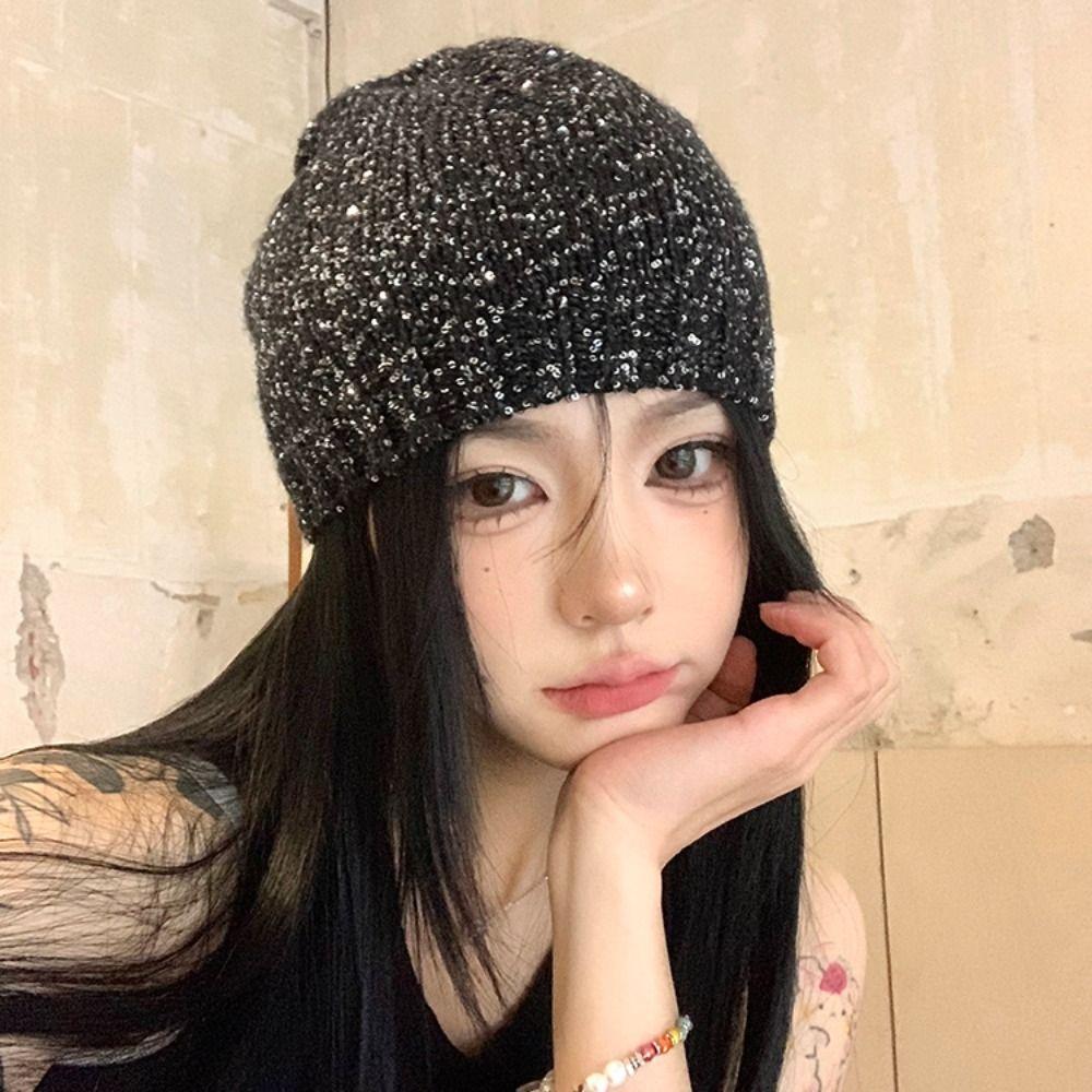Vintage Beanie Hat Bowknot Woven Cap Fashion Sequin Knitted Hat Autumn