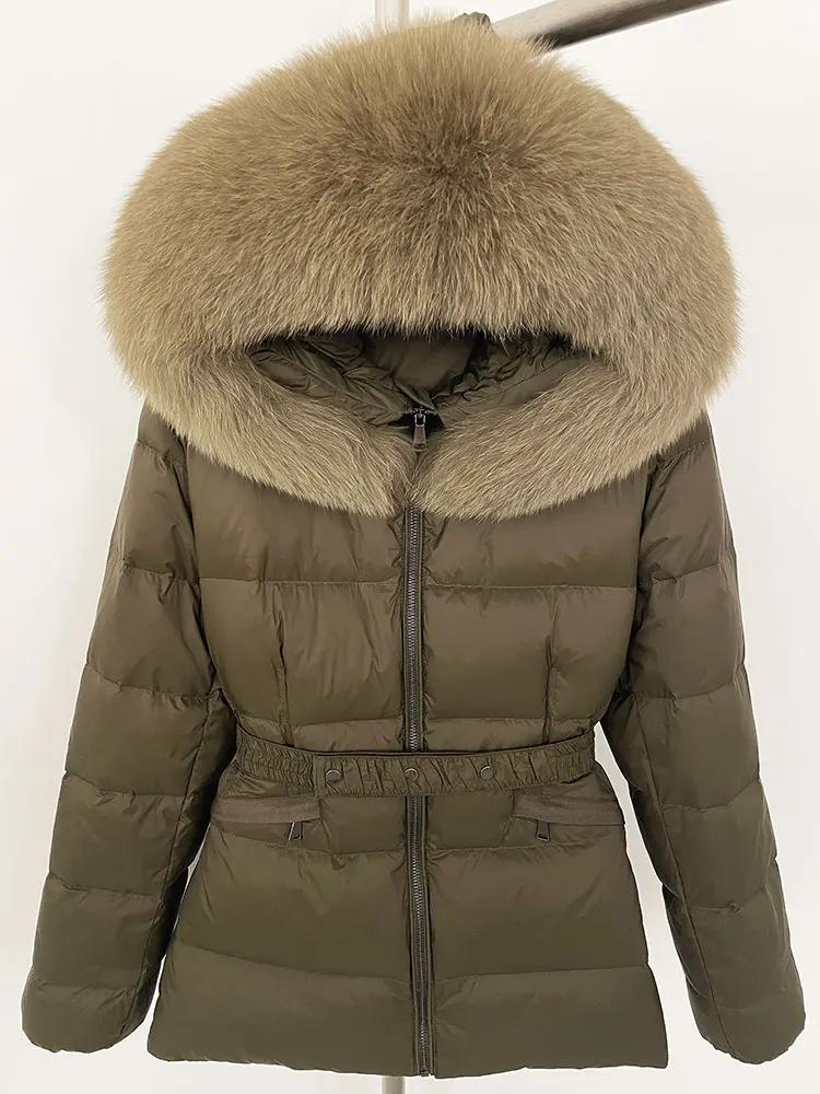 OFTBUY 2024 Winter Jacket Women Natural Real Raccoon Fox Fur Collar Hooded White Duck Down Coat Belt Thick Warm Casual Outerwear