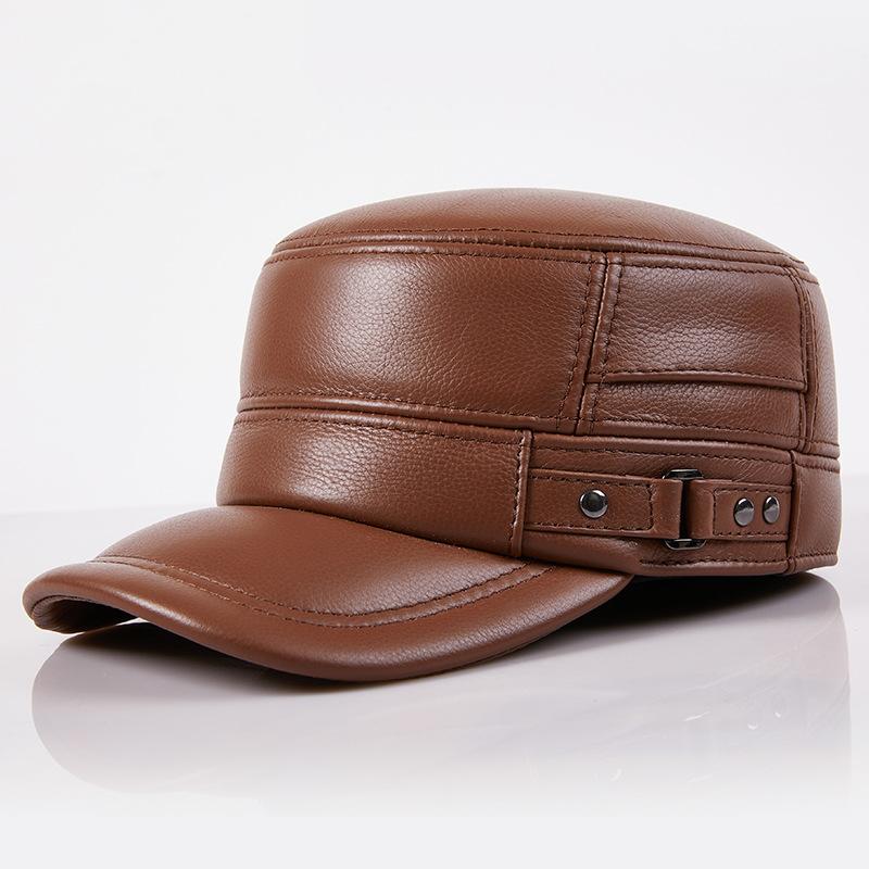 Spring Fall And Winter Middle-aged And Elderly People Warm Leather Elderly Hat Men's Ear Protection Cowhide Flat Top Duck Tongue Cap