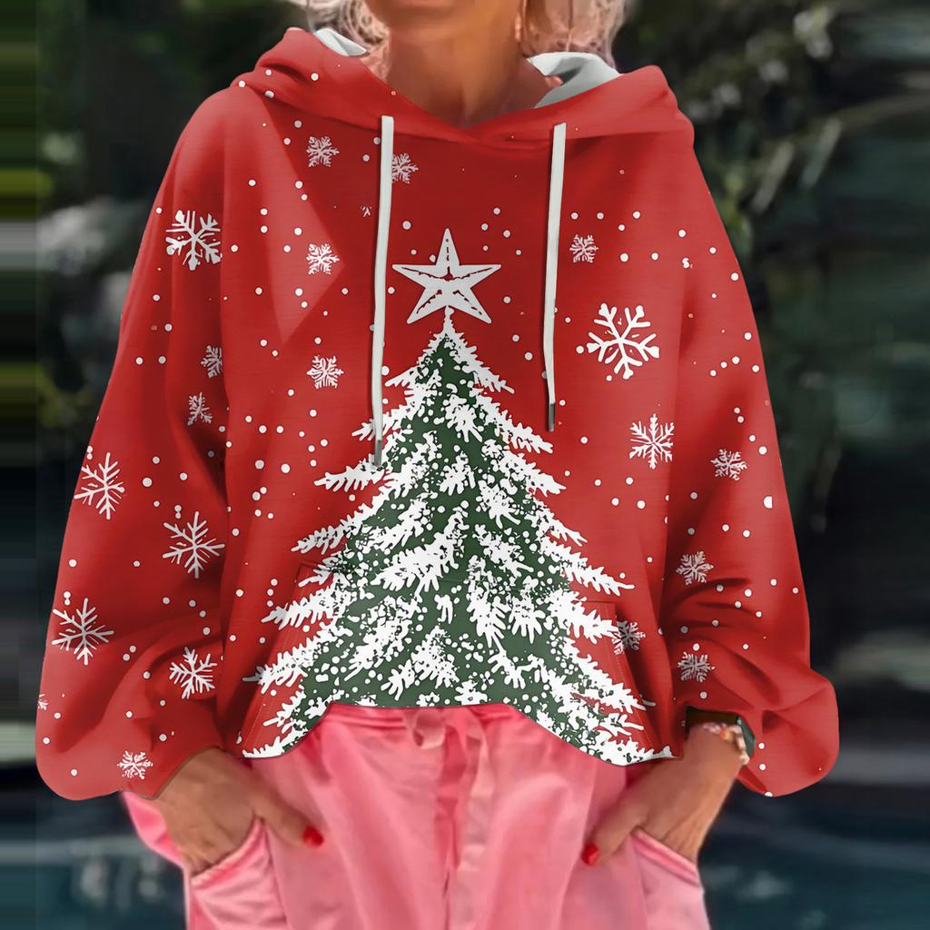 Women's Christmas Printed Loose Casual Long Sleeved Hooded Sweatshirt
