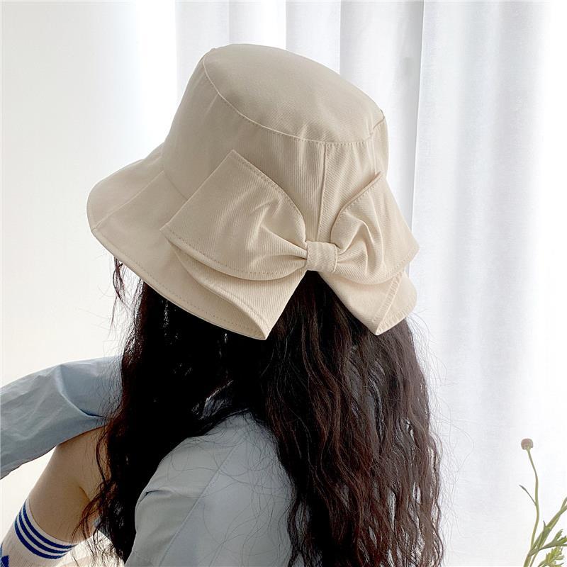 Bow Hat Big Brimmed Hat Solid Color Female Fisherman Hat Hepburn Style Sunscreen Sun Hat