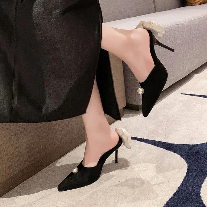 Черные атласные туфли на высоком каблуке, новинка весны и лета, туфли на высоком каблуке-шпильке, женские босоножки на шпильках с белой розой