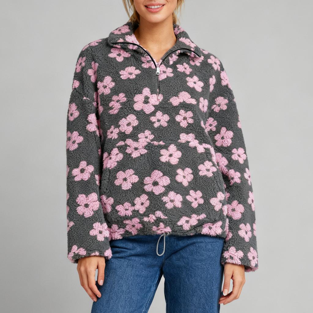Женский модный свитшот с круглым вырезом, длинными рукавами, милым цветочным принтом, свободного кроя, с карманом на молнии, теплый, с капюшоном