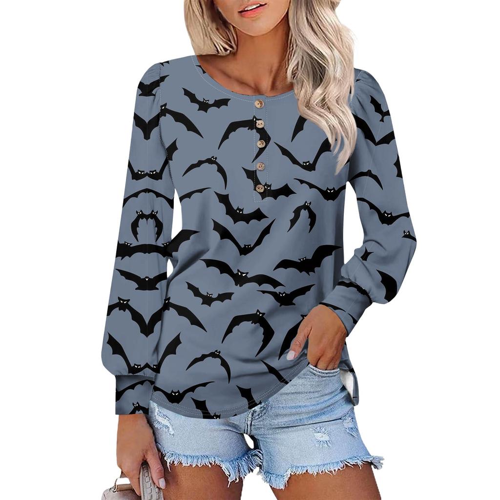 Women's Long Sleeve Round Neck T-Shirts Halloween  Print Puff Sleeve Shirts Button Blouses Tops