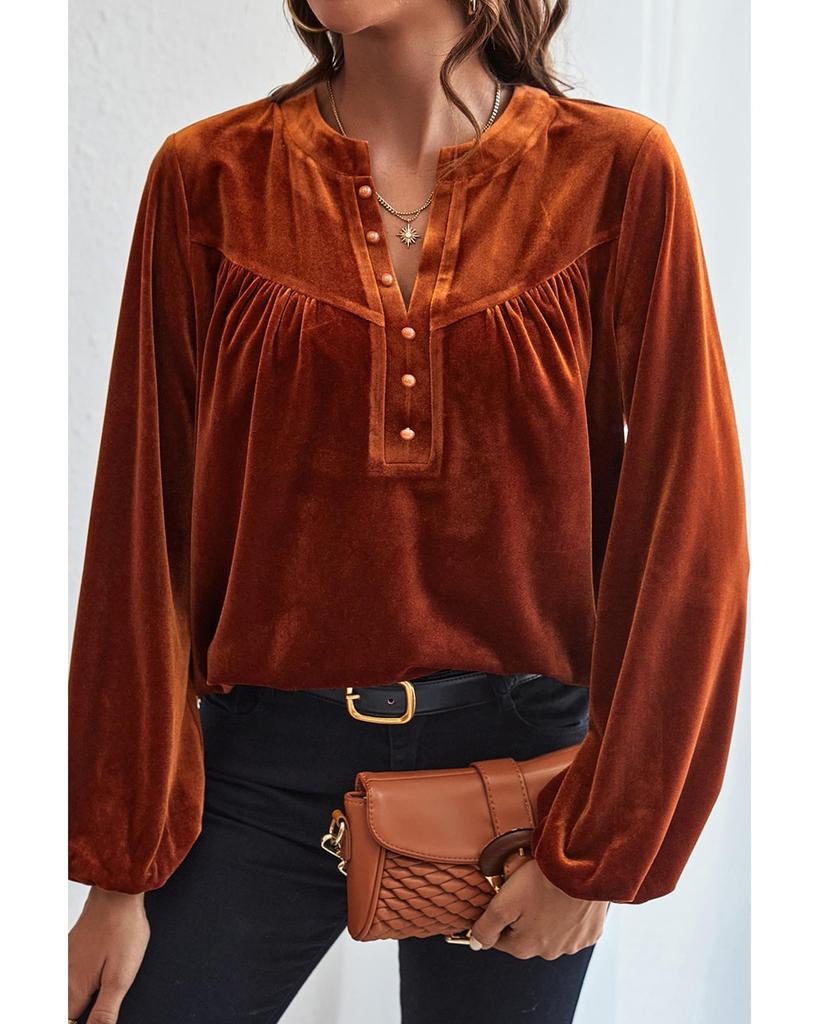 Azura Exchange Gold Flame Lantern Sleeve Beaded Split V Neck Velvet Top