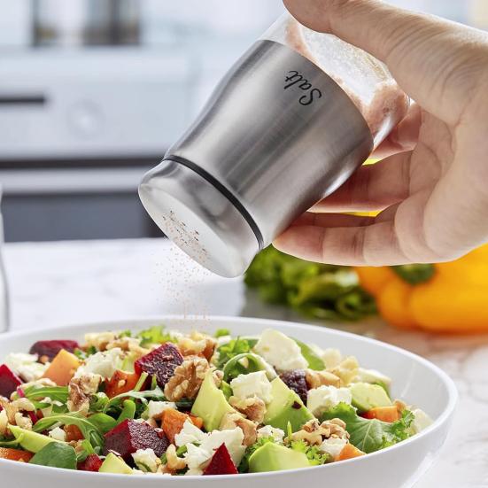 2 шт., 120 мл, шейкер для соли и перца из нержавеющей стали, прозрачное стекло, большая емкость, многоразовый дозатор для приправ, контейнер для бутылок для специй, кухонные гаджеты