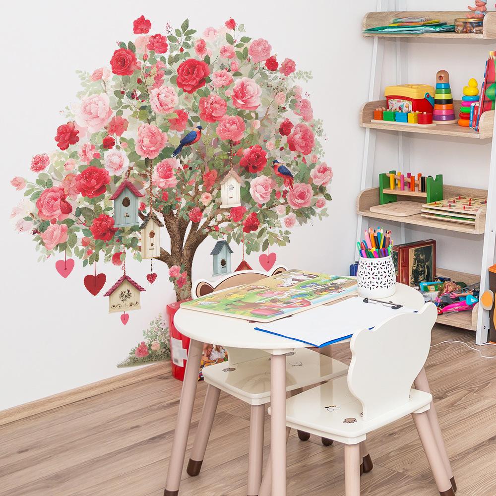 The Rose Flowers On The Big Tree and The Decorative Wall Stickers for The Living Room and Bedroom of The Birdhouse