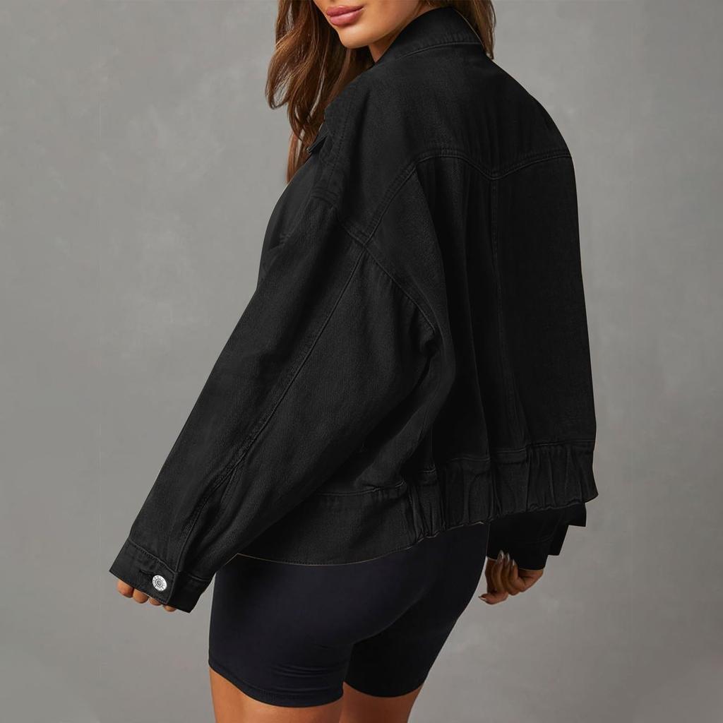 Women's Stretch Denim Jacket Long Sleeve Jean Jacket Trucker Jacket With Pocket
